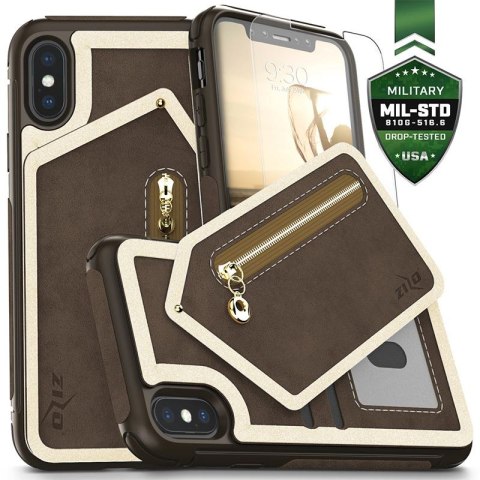 Zizo Nebula Wallet Case - Wallet Back and Zipper Pouch with Tempered Glass Screen Protector for iPhone X (Dark Brown/Brown)