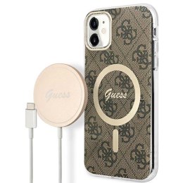 Guess Bundle Pack MagSafe 4G - Set of case for iPhone 11 + MagSafe charger (Brown/Gold)