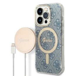 Guess Bundle Pack MagSafe 4G - Set of case for iPhone 14 Pro Max + MagSafe charger (Blue/Gold)