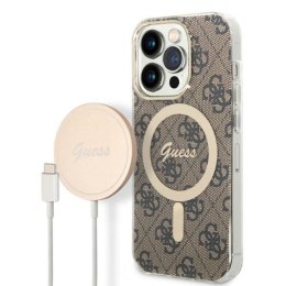 Guess Bundle Pack MagSafe 4G - Set of case for iPhone 14 Pro Max + MagSafe charger (Brown/Gold)