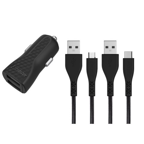 Energizer HardCase - Car charger 2x USB-A 2.4A + USB-C & Micro USB cable (Black)