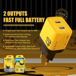 WEKOME WP-U128 - 2x USB-C Super Fast Charge GaN 40W mains charger (Yellow)