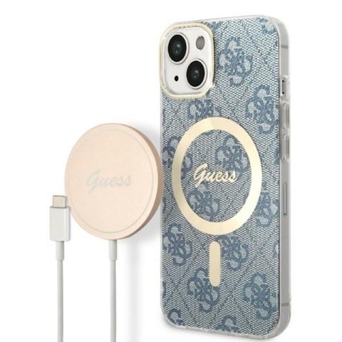 Guess Bundle Pack MagSafe 4G - Set of case for iPhone 14 + MagSafe charger (Blue/Gold)