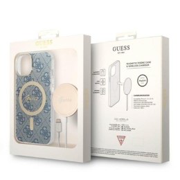 Guess Bundle Pack MagSafe 4G - Set of case for iPhone 14 Plus + MagSafe charger (Blue/Gold)