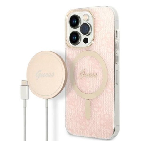 Guess Bundle Pack MagSafe 4G - Set of case for iPhone 14 Pro + MagSafe charger (Pink/Gold)