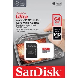 SanDisk Ultra microSDXC - Memory card 64 GB A1 Class 10 UHS-I 140 MB/s with adapter