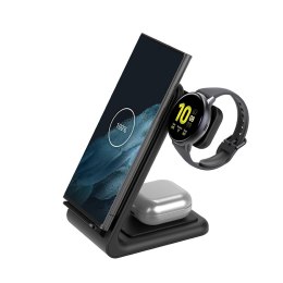 Crong PowerSpot Pivot Stand - 3-in-1 wireless charger for Samsung & Android, Galaxy Watch and TWS headphones (black)