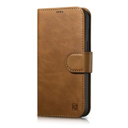 ICarer Oil Wax Wallet Case 2in1 etui iPhone 14 Plus skórzany pokrowiec z klapką Anti-RFID brązowy (WMI14220723-TN)