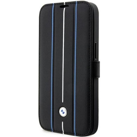 Etui BMW Leather Stamp Blue Lines na iPhone 14 Pro - czarne