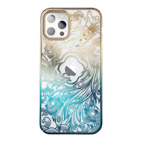 Luksusowe etui iPhone 14 z kryształami Kingxbar Phoenix - złoto-niebieskie