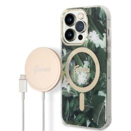 Guess Bundle Pack MagSafe IML Jungle - Set of case for iPhone 14 Pro Max + MagSafe charger (Khaki/Gold)