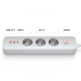 Przedłużacz Ugreen CD286 3x AC 2x USB-A 1x USB-C 30W z włącznikiem - biały