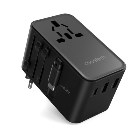 Adapter podróżny Choetech PD5022 70W EU / US / AUS / UK z wbudowanym kablem USB-C - czarny