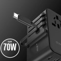 Adapter podróżny Choetech PD5022 70W EU / US / AUS / UK z wbudowanym kablem USB-C - czarny