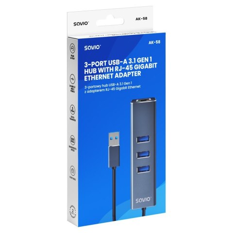 Hub AK-58 3-portowy USB-A 3.1 Gen 1 z adapterem RJ-45 Gigabit Ethernet