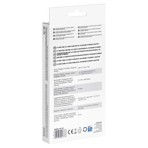 Hub AK-58 3-portowy USB-A 3.1 Gen 1 z adapterem RJ-45 Gigabit Ethernet