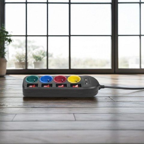 Listwa zasilająca z wyłącznikami 4 gniazda + 2xUSB przedłużacz MCE229B Czarna
