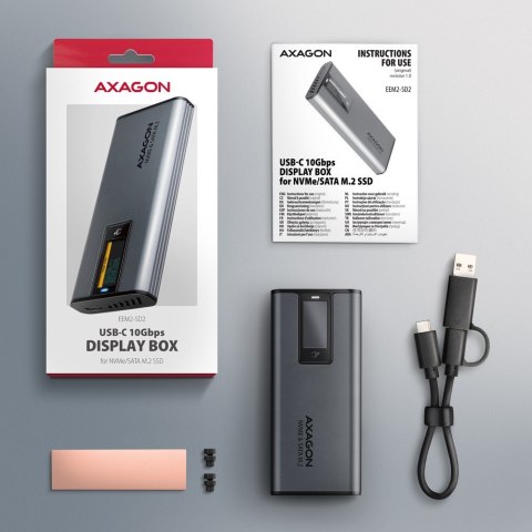 EEM2-SD2 Obudowa zewnętrzna aluminiowa bezśrubowa USB-A/C 3.2 Gen2 M.2 NVMe/SATA display LCD