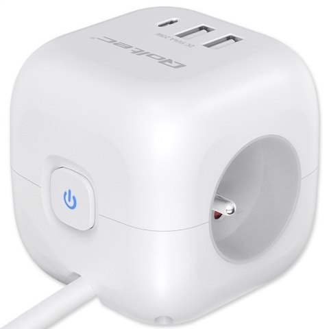 Kostka zasilająca przedłużacz 6w1 z podświetlanym włącznikiem | 3x AC | 2x USB | 1x USB-C PD 20W | biała | kabel 2m
