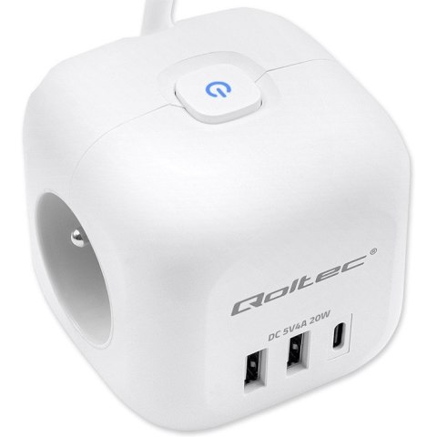 Kostka zasilająca przedłużacz 6w1 z podświetlanym włącznikiem | 3x AC | 2x USB | 1x USB-C PD 20W | biała | kabel 2m