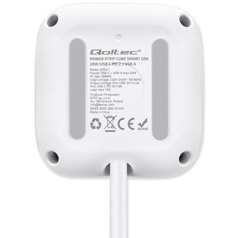 Kostka zasilająca przedłużacz 6w1 z podświetlanym włącznikiem | 3x AC | 2x USB | 1x USB-C PD 20W | biała | kabel 2m