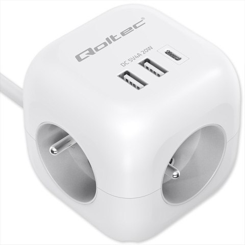 Kostka zasilająca przedłużacz 6w1 z podświetlanym włącznikiem | 3x AC | 2x USB | 1x USB-C PD 20W | biała | kabel 2m