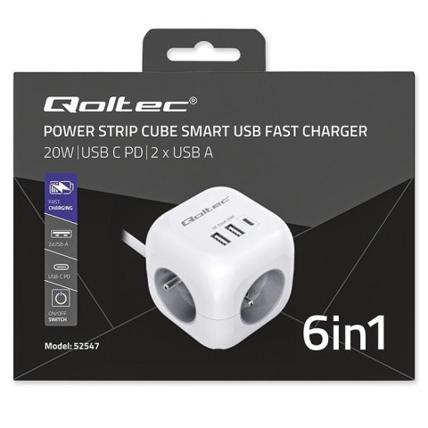 Kostka zasilająca przedłużacz 6w1 z podświetlanym włącznikiem | 3x AC | 2x USB | 1x USB-C PD 20W | biała | kabel 2m