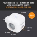 Kostka zasilająca przedłużacz 6w1 z podświetlanym włącznikiem | 3x AC | 2x USB | 1x USB-C PD 20W | biała