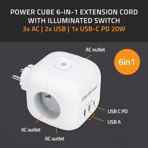 Kostka zasilająca przedłużacz 6w1 z podświetlanym włącznikiem | 3x AC | 2x USB | 1x USB-C PD 20W | biała