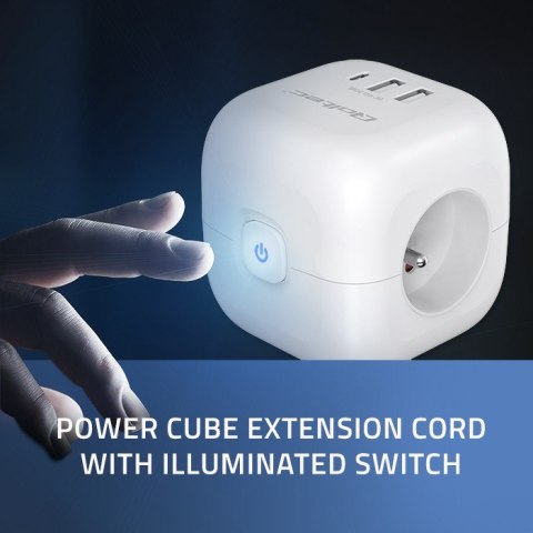 Kostka zasilająca przedłużacz 6w1 z podświetlanym włącznikiem | 3x AC | 2x USB | 1x USB-C PD 20W | biała