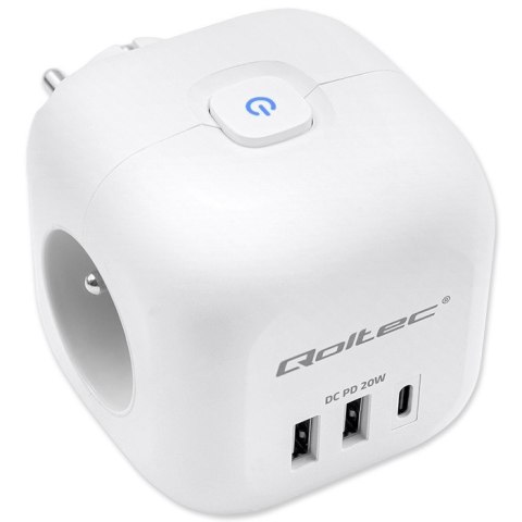 Kostka zasilająca przedłużacz 6w1 z podświetlanym włącznikiem | 3x AC | 2x USB | 1x USB-C PD 20W | biała