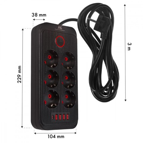 Listwa zasilająca MCE391 B 6 gniazd 4xUSB-A 1xUSB-C, 110-240V AC 50/60Hz, 2.1A max 2500W, czarna