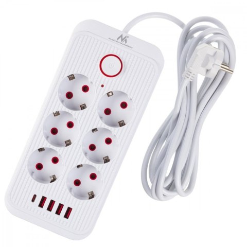 Listwa zasilająca MCE391 W 6 gniazd 4xUSB-A 1xUSB-C 110-240V AC 50/60Hz, 2.1A max 2500W, biała