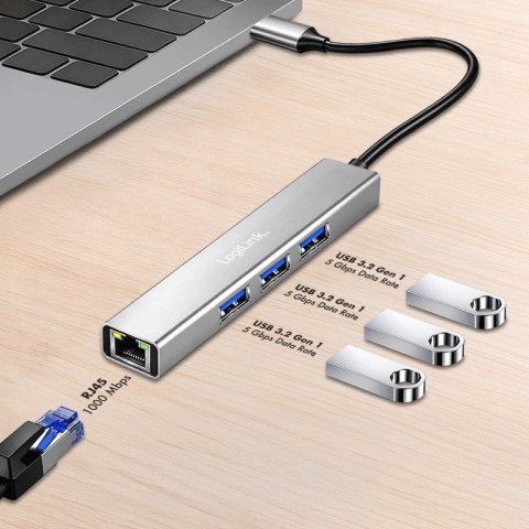HUB USB3.2 3xUSB-A, 1x RJ45 Gigabit Ethernet