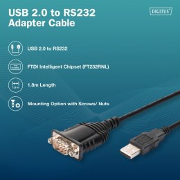 Kabel adapter USB 2.0 do RS232 (DB9) | Chipset FTDI (FT232RNL) | PVC, czarny | Mocowanie w tulejkach gwintowanych | 1.8m