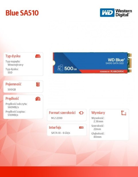 Dysk SSD Blue SSD 500GB SA510 M.2 2280 WDS500G3B0B