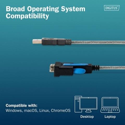 Kabel adapter USB 2.0 do RS232 (DB9) | Chipset FTDI (FT232RNL) | PVC, transparentny | Mocowanie na śruby | 1.8m