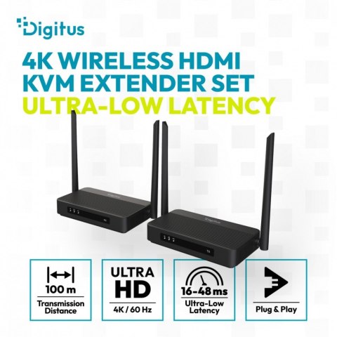 Przedłużacz / Extender HDMI bezprzewodowy z KVM do 100m | UHD 4K@60Hz | Audio | Niskie opóźnienie 16ms (Zestaw)
