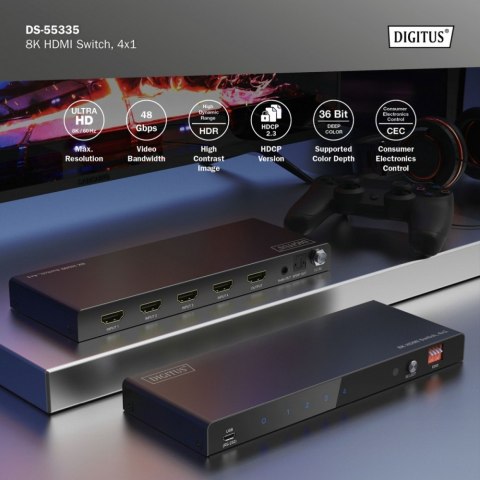 Przełącznik / Switch HDMI 4x1, 8K/60Hz (4:4:4) z HDR, 48 Gbps, HDCP 2.3, Toslink / Stereo, EDID