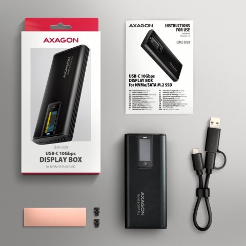 EEM2-SD2B Obudowa zewnętrzna aluminiowa bezśrubowa USB-A/C 3.2 Gen2 M.2 NVMe/SATA wyświetlacz LED, czarny