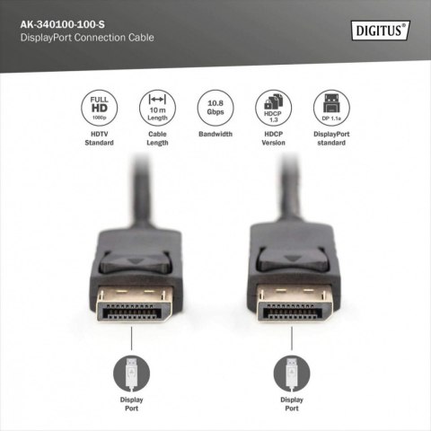 Kabel połączeniowy DisplayPort z zatrzaskami 1080p 60Hz FHD Typ DP/DP M/M 10m Czarny