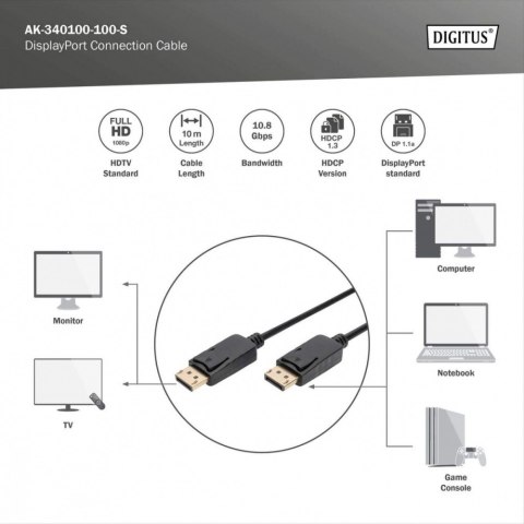 Kabel połączeniowy DisplayPort z zatrzaskami 1080p 60Hz FHD Typ DP/DP M/M 10m Czarny