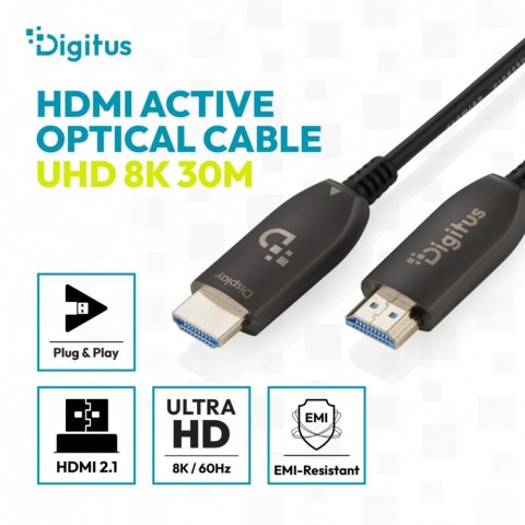 Kabel połączeniowy hybrydowy HDMI AOC | HDMI-A męski-męski | HDMI 2.1 | UHD-2 8K@60Hz | 48Gbps |HDR, eARC, HDCP 2.2, CEC | 30m