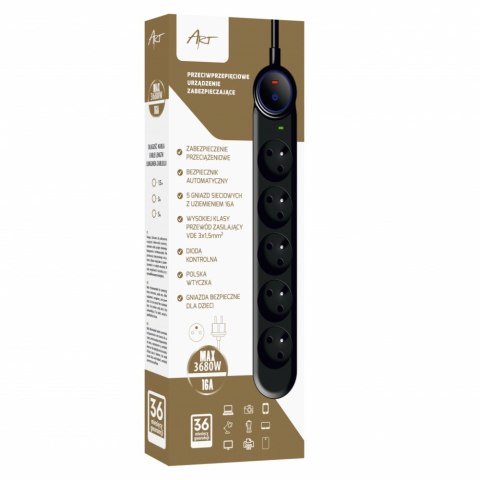 Urządzenie zabezpieczenie przeciw przepięciowe SPD/przeciążeniowe F2100 z wyłącznikiem 5gniazd1-16A-czarny-1,5m-3x1,5mm2