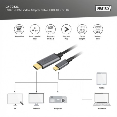 Kabel adapter HDMI 4K 30Hz na USB Typ C 3.1 metalowa obudowa HQ czarny 1.8m
