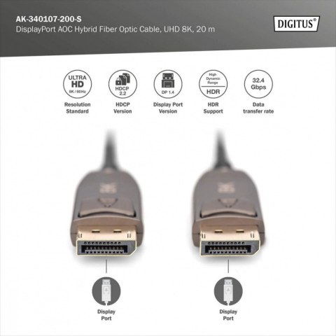 Kabel połączeniowy hybrydowy AOC DisplayPort 1.4 8K/60Hz UHD DP/DP M/M 20m Czarny