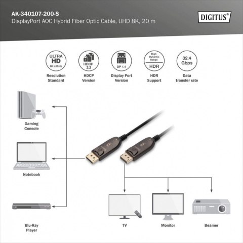 Kabel połączeniowy hybrydowy AOC DisplayPort 1.4 8K/60Hz UHD DP/DP M/M 20m Czarny