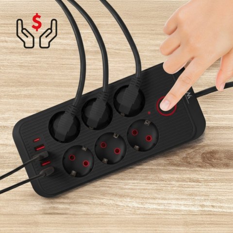 Listwa zasilająca MCE389 B 6 gniazd 4xUSB-A, 1xUSB-C 110-240V AC 50/60Hz, 2.1A max 2500W, czarna