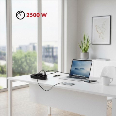 Listwa zasilająca MCE389 B 6 gniazd 4xUSB-A, 1xUSB-C 110-240V AC 50/60Hz, 2.1A max 2500W, czarna