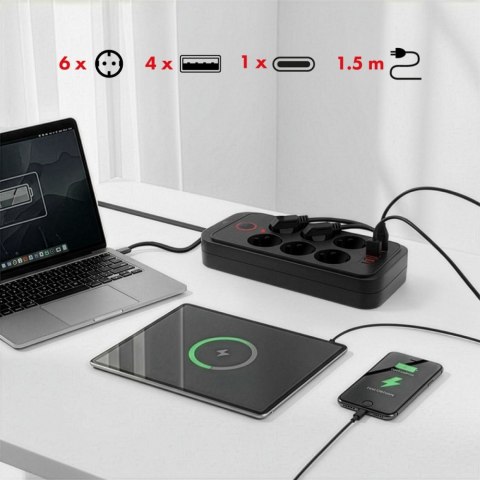 Listwa zasilająca MCE389 B 6 gniazd 4xUSB-A, 1xUSB-C 110-240V AC 50/60Hz, 2.1A max 2500W, czarna